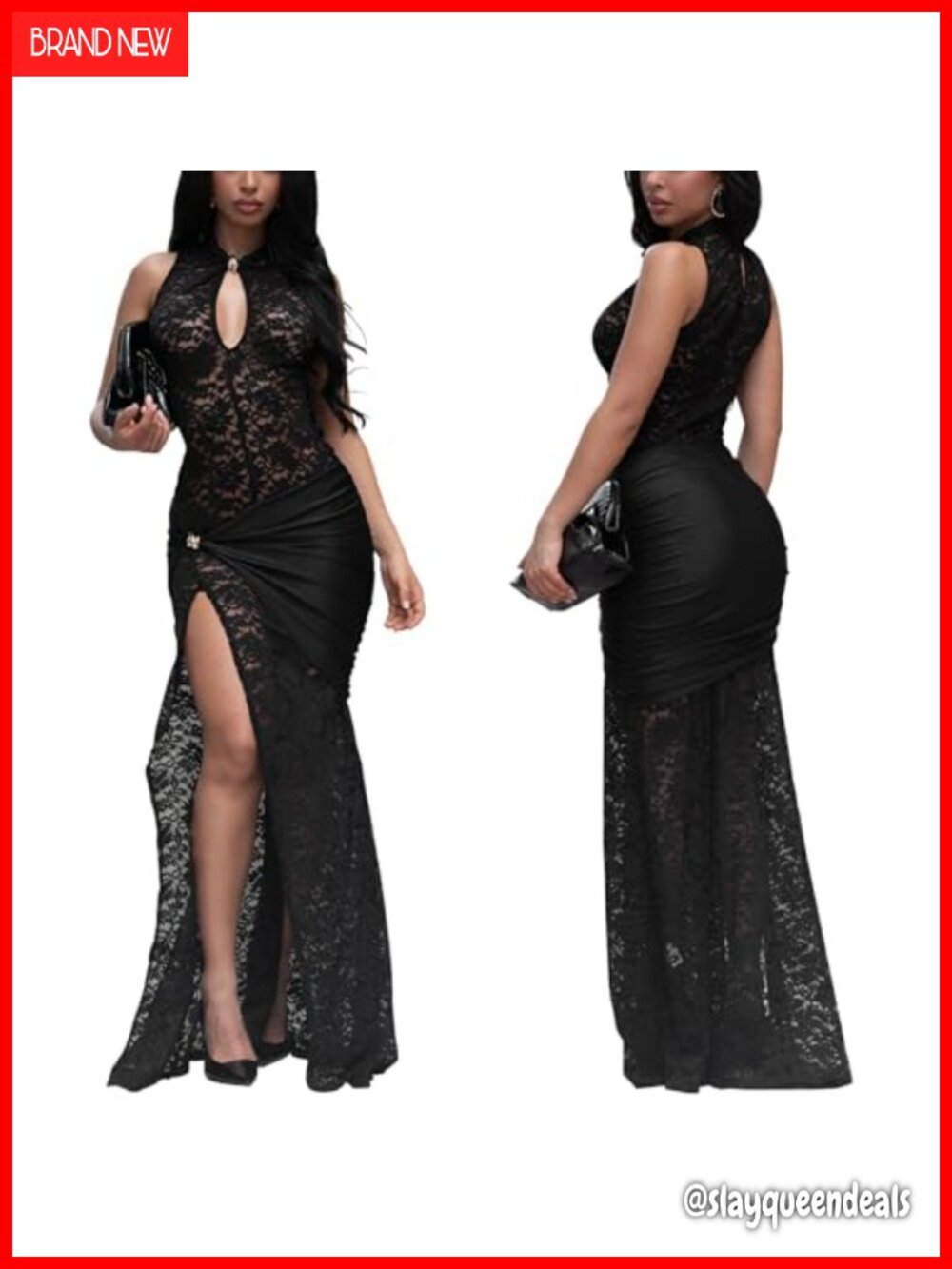 Sheer Lace Bodycon Maxi Dress Spaghetti Strap High Slit Party